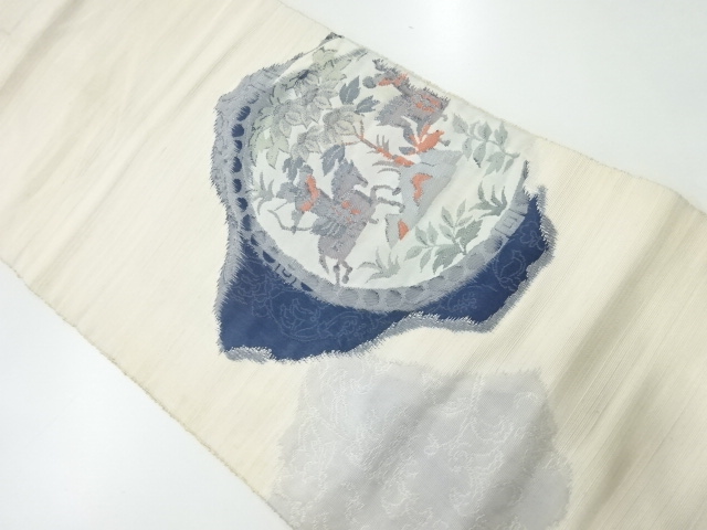 アンティーク　手織り紬狩猟模様織出し名古屋帯